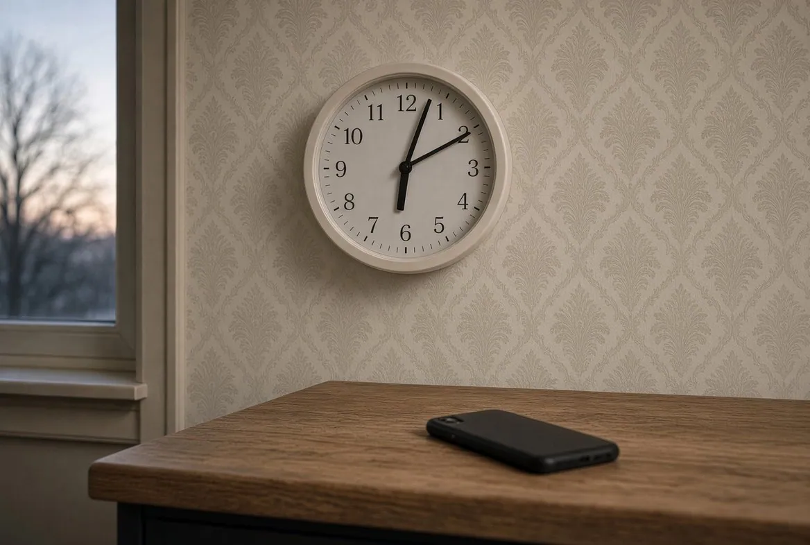 An ordinary wall clock in a domestic kitchen reading a few minutes past six, early morning light in the window beside it, a dark-screened phone lying on the table below