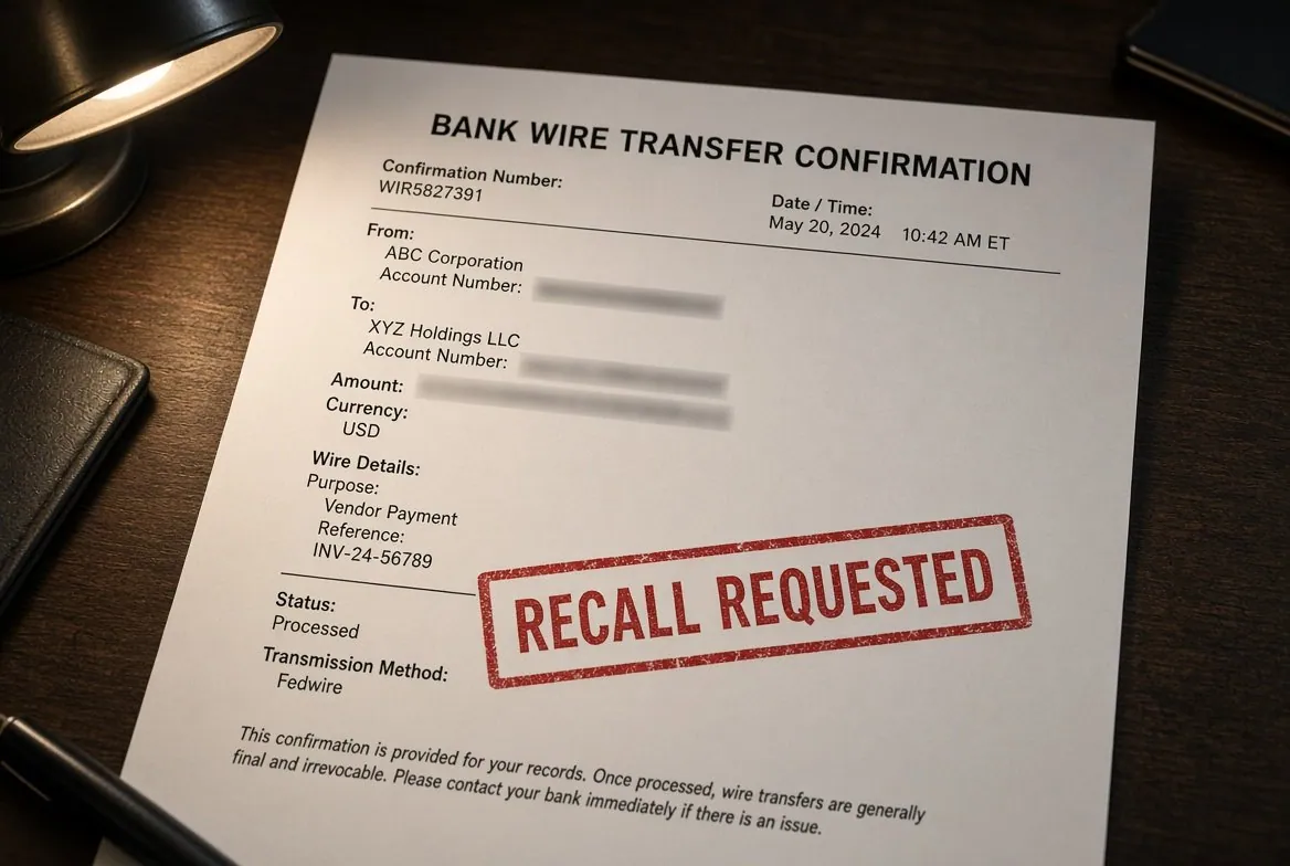 An American bank wire transfer confirmation on a desk under a lamp, stamped Recall Requested in red, the account numbers and amount blurred out, with fine print at the foot stating that once processed wire transfers are generally final and irrevocable