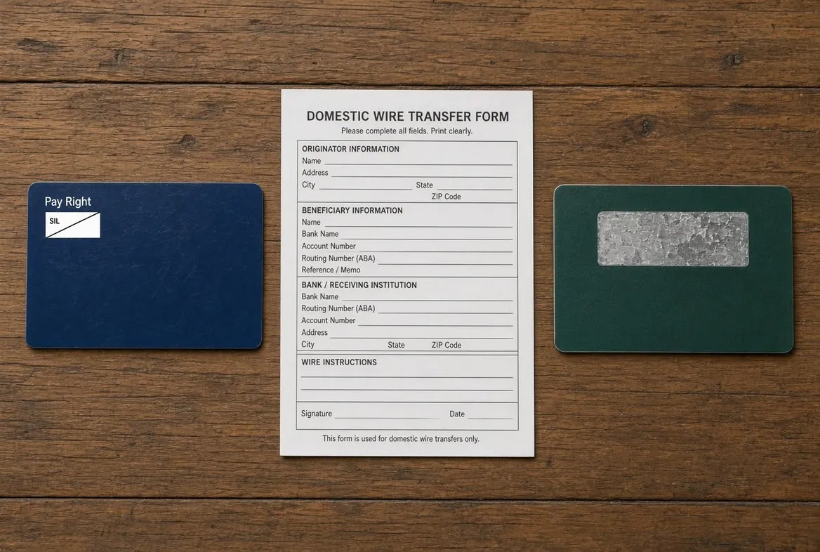 Three payment instruments laid side by side on a wooden table: a plain payment card face down, an American domestic wire transfer form, and a gift card with its silver scratch strip already removed