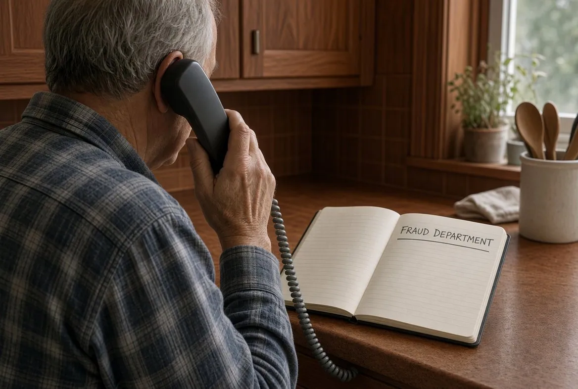 An older man seen from behind at a kitchen counter holding a corded telephone handset to his ear, an open notebook on the counter in front of him with the words Fraud Department written at the top of a blank page