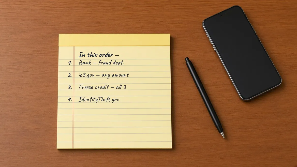 A yellow legal pad on a wooden desk with a pen and a phone beside it, headed &ldquo;In this order&rdquo; and four numbered lines written out by hand &mdash; bank fraud department, ic3.gov for any amount, freeze credit at all three, and IdentityTheft.gov