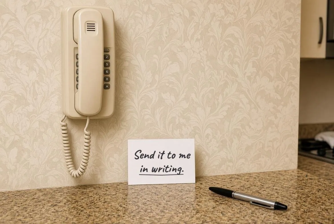 A handwritten index card reading Send it to me in writing, propped against the wall beside a wall-mounted corded telephone, with a pen on the counter