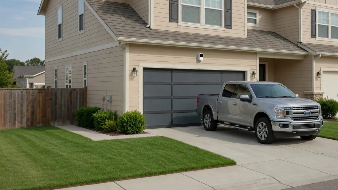 A small camera mounted on the wall above a garage door, covering the driveway and the parked pickup in front of it