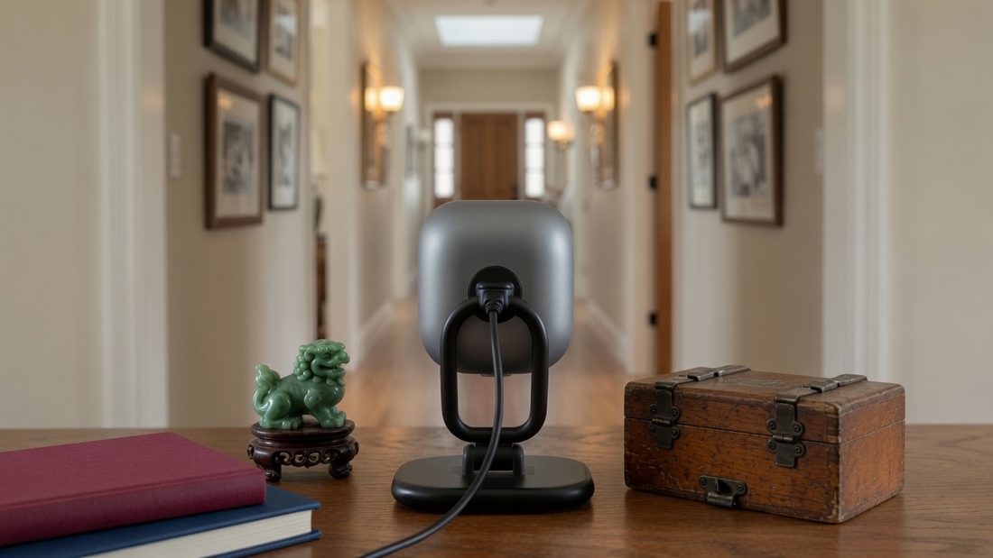 A small indoor camera standing on a hall table, seen from behind, looking down a hallway towards the front door