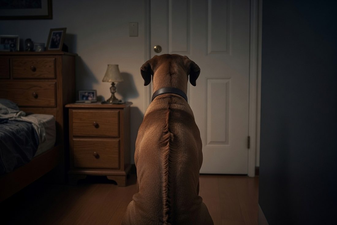 A large dog sitting upright in a dim bedroom at night, facing a closed white bedroom door, with the bed and a lit nightstand lamp behind it