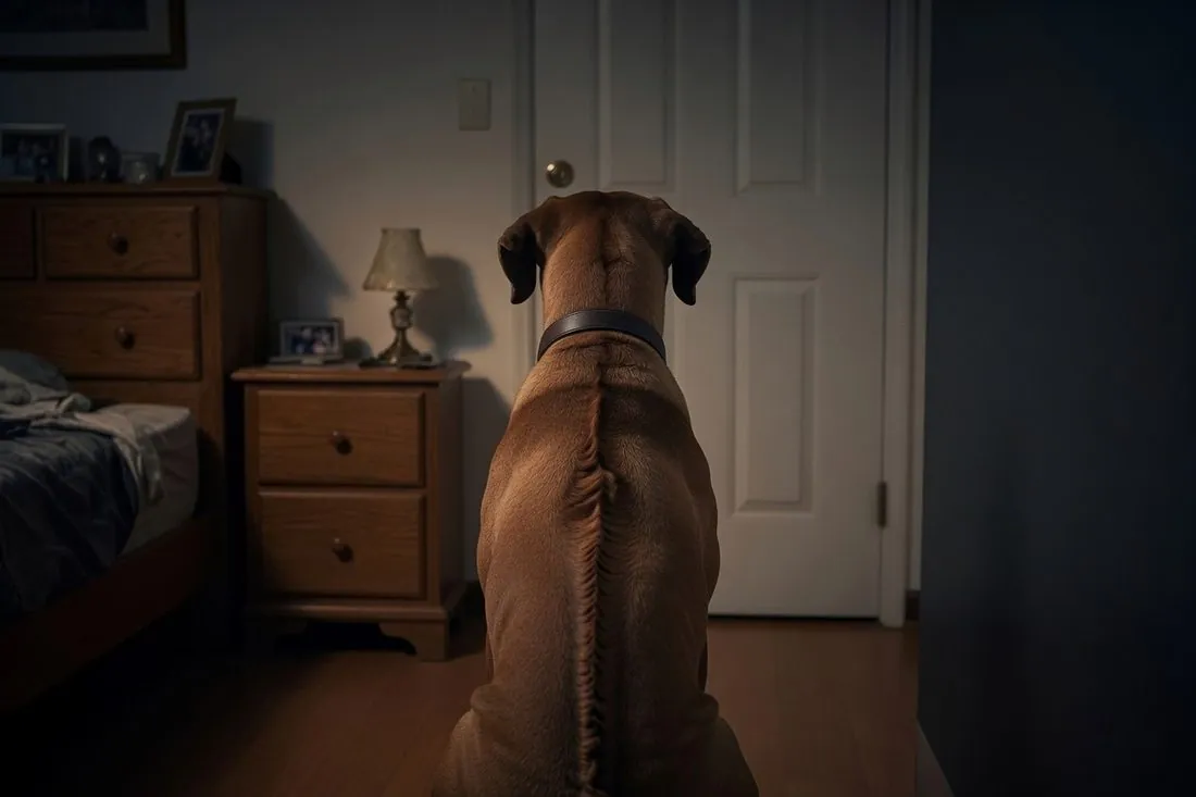 A large dog sitting upright in a dim bedroom at night, facing a closed white bedroom door, with the bed and a lit nightstand lamp behind it