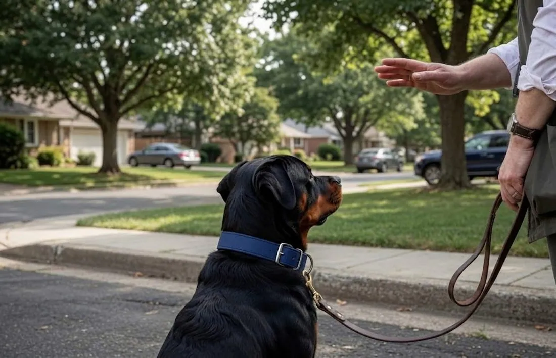 A man holding a leather lead in a closed fist with the loop hanging free, his other hand raised in a stay signal to a large black and tan dog sitting on a quiet residential street