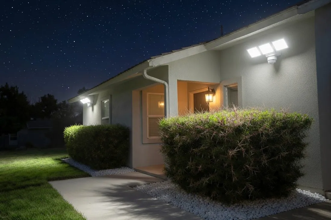 A dense thorny shrub with long spines growing in a bed of white gravel below the front window of a house at night, lit by a motion floodlight under the eave