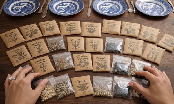 Hands arranging homemade kraft paper heirloom seed packets and clear bags on a wooden table, with Blue Willow china plates in the background