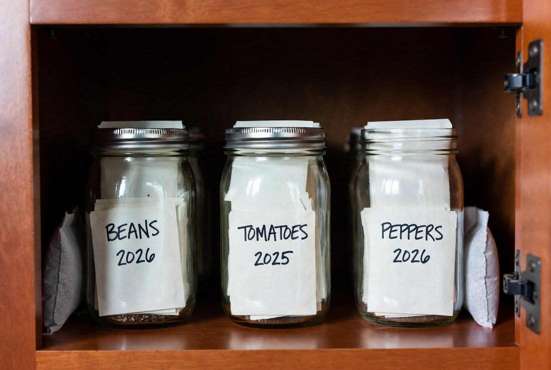 Three labelled mason jars of seed packets standing in a wooden kitchen cabinet, marked beans, tomatoes and peppers with the year on each
