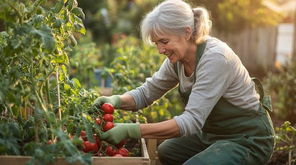 Senior woman harvesting tomatoes from a no-till raised garden bed, kneeling comfortably with gloves on