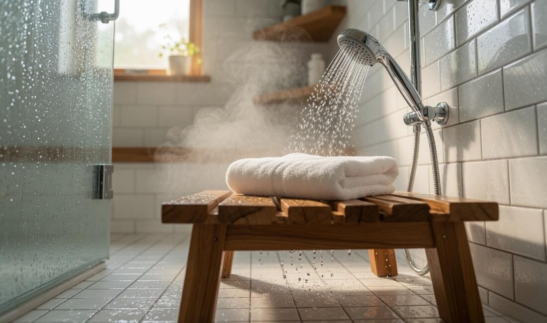 A teak shower bench with a folded white towel, seen from seated height with the handheld showerhead spraying above