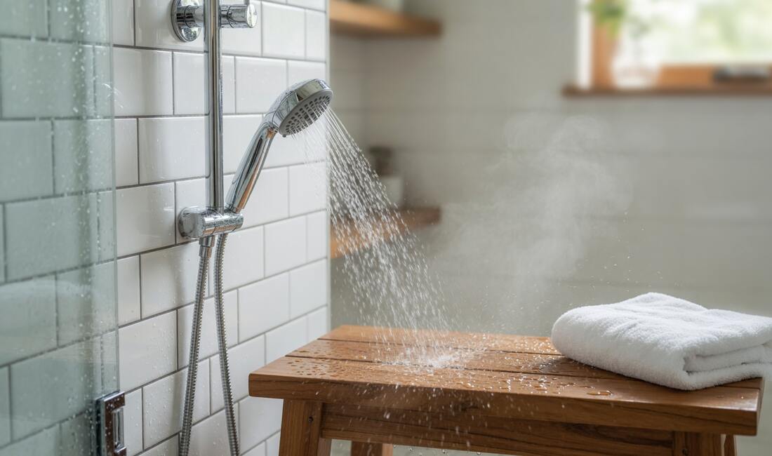 A chrome handheld showerhead on a slide bar spraying water over a teak shower bench with a folded towel