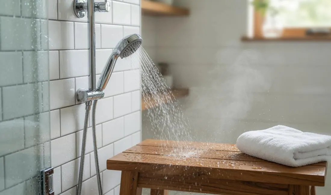 A chrome handheld showerhead on a slide bar spraying water over a teak shower bench with a folded towel