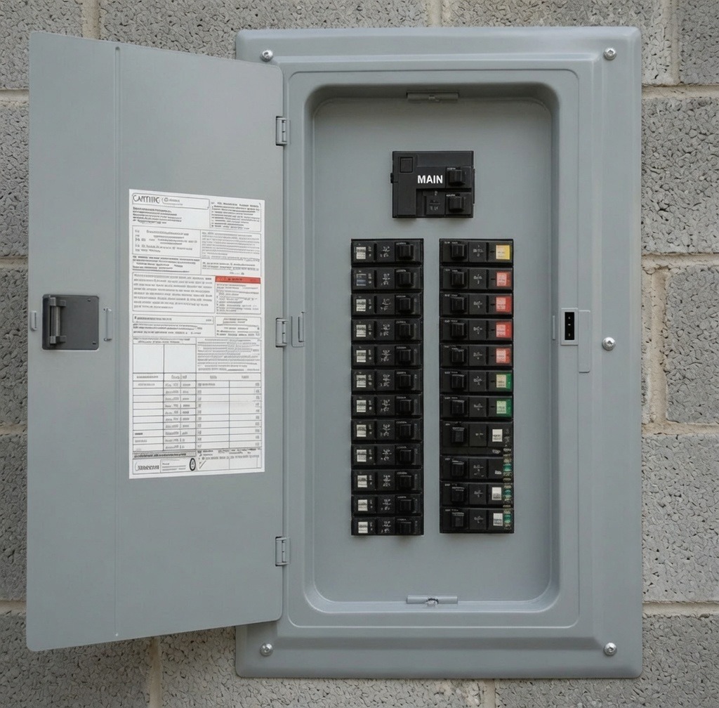 An electrical panel mounted on a concrete block wall with its outer door swung open, showing the panel schedule inside the door, two columns of breaker switches and a single larger main breaker above them