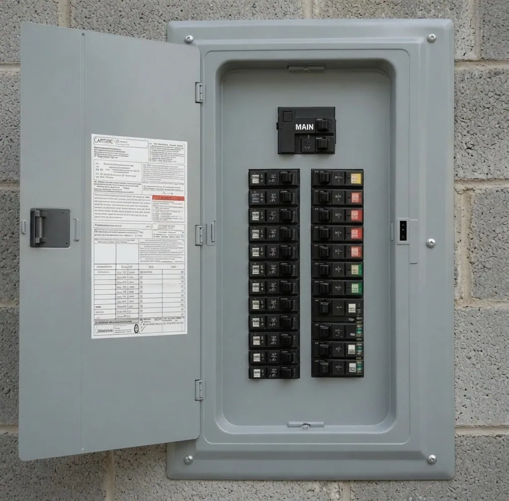 An electrical panel mounted on a concrete block wall with its outer door swung open, showing the panel schedule inside the door, two columns of breaker switches and a single larger main breaker above them