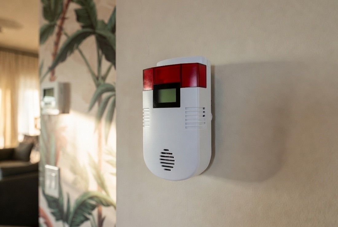 A white wall-mounted gas and carbon monoxide alarm with a red alert panel and a small display, fixed at about thermostat height on an interior wall
