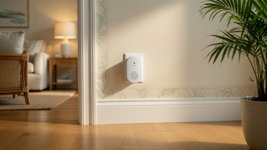 A small white plug-in gas alarm in a wall outlet a few inches above the baseboard in a home hallway