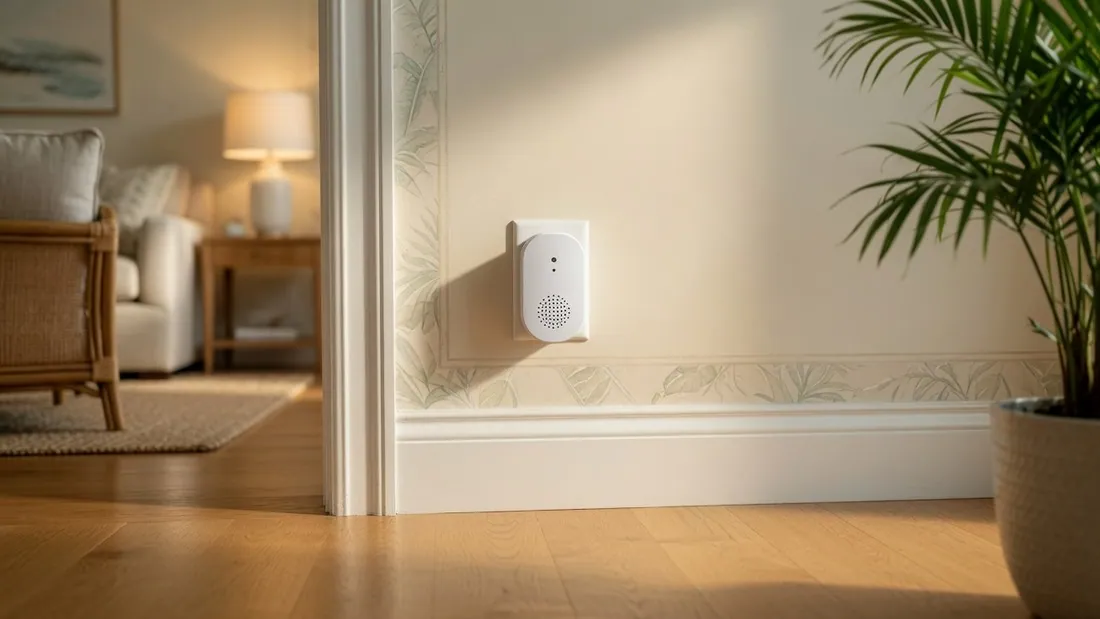 A small white plug-in gas alarm in a wall outlet a few inches above the baseboard in a home hallway