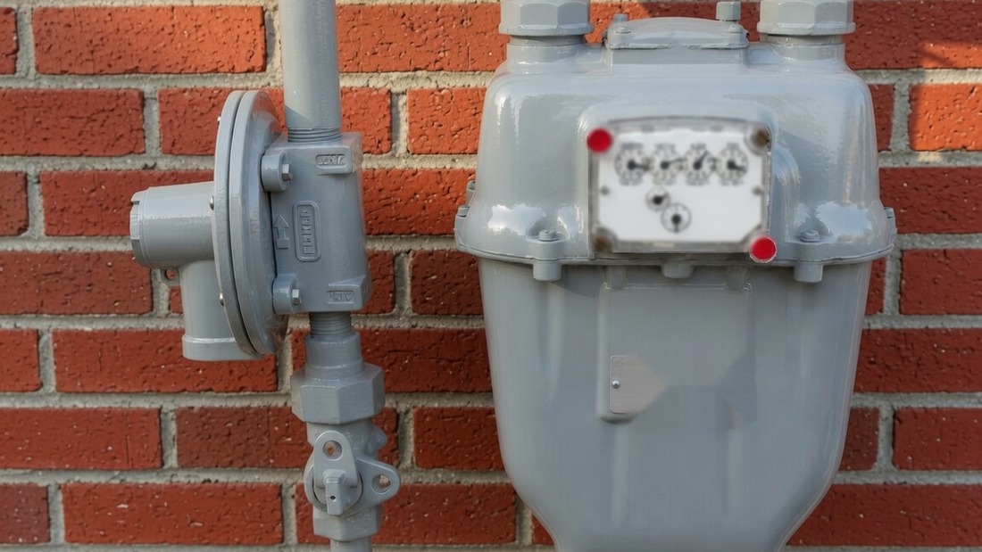 A residential gas meter on an outside house wall: grey steel pipe rising from the ground through a round service regulator into the meter body, with the shutoff on the riser below the meter