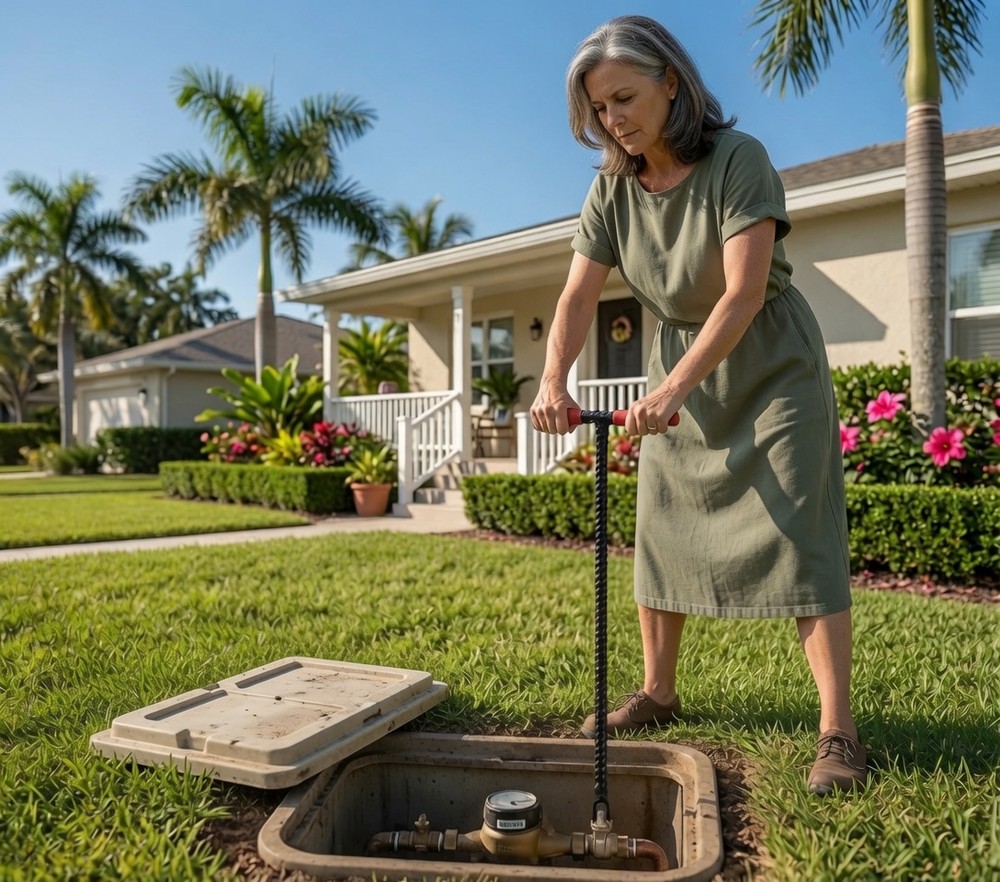 A woman standing on a front lawn over an open in-ground water meter box, the lid lying on the grass beside it, turning the valve with a long steel meter key held in both hands