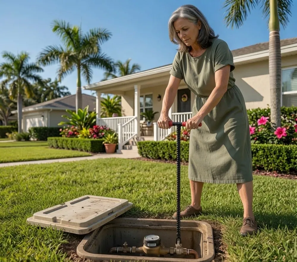 A woman standing on a front lawn over an open in-ground water meter box, the lid lying on the grass beside it, turning the valve with a long steel meter key held in both hands
