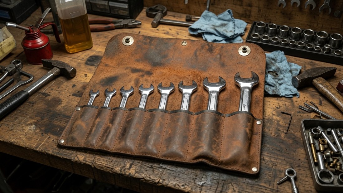 A worn leather tool roll opened out on a workbench with eight open-end wrenches laid in it in order of size