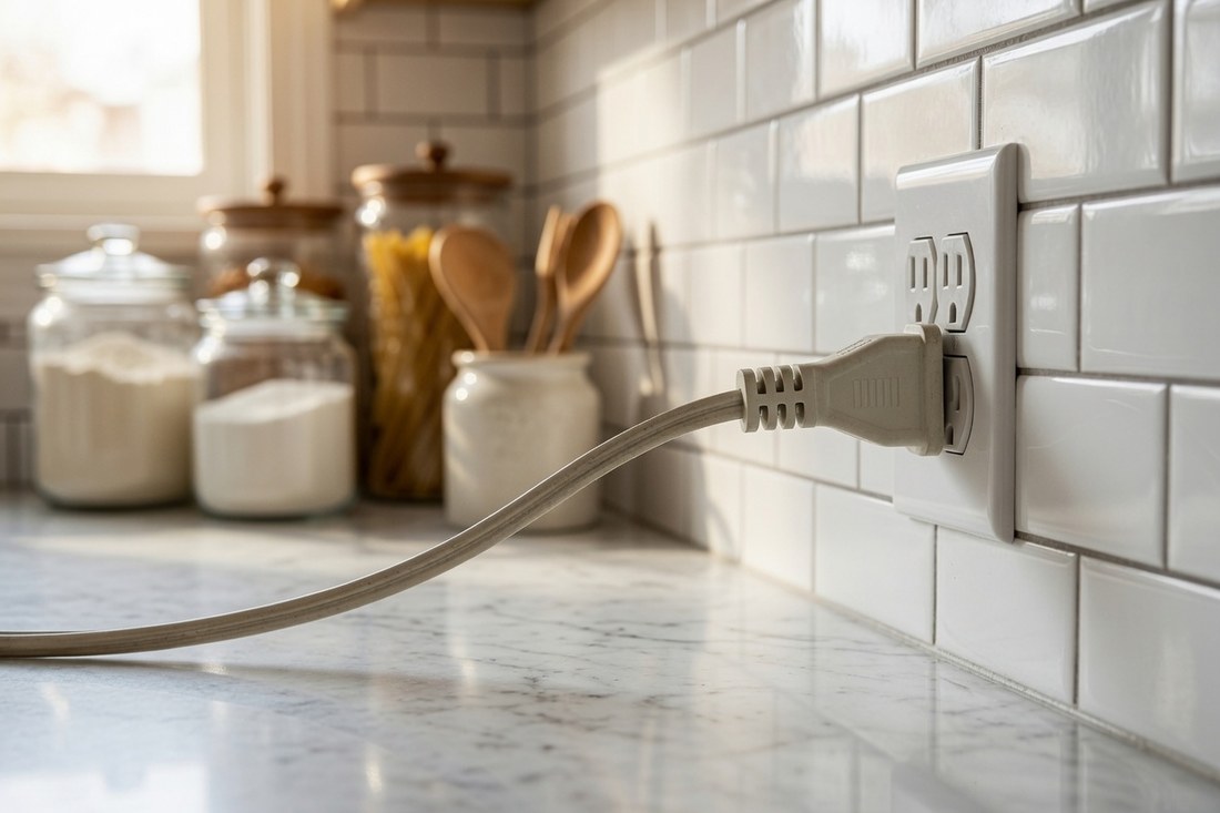 An appliance cord plugged directly into a kitchen wall outlet above the counter, the cord running away clear across the countertop with nothing lying on top of it