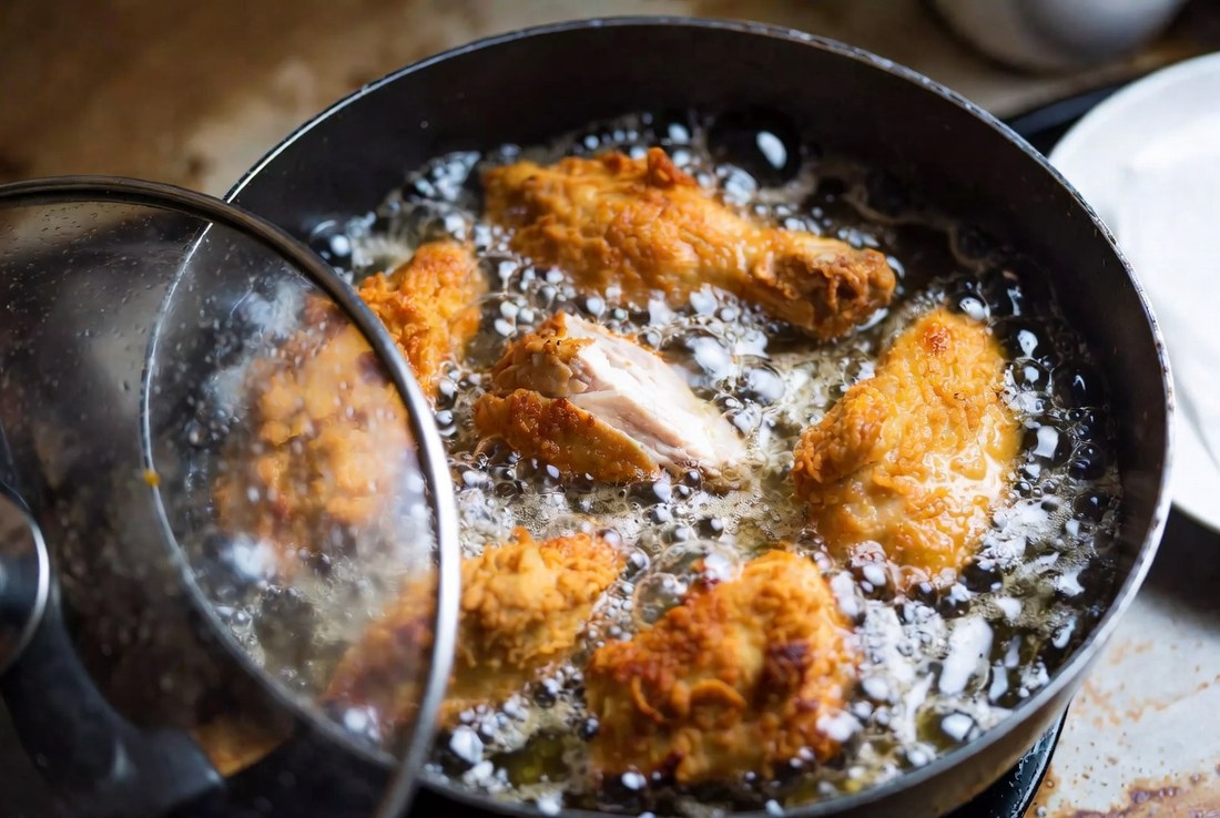 Chicken pieces frying in bubbling oil in a large deep pan, golden and half turned, a glass lid resting to one side