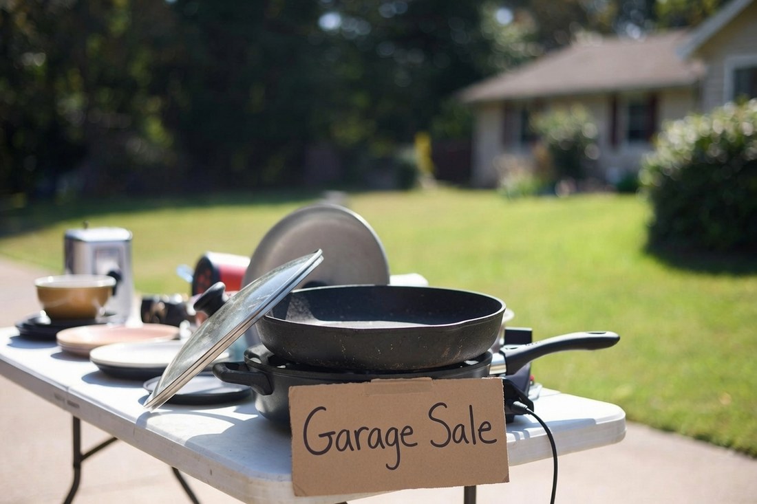 An electric skillet and other kitchen items on a folding table at a driveway garage sale in morning light, a hand-lettered cardboard sign propped in front