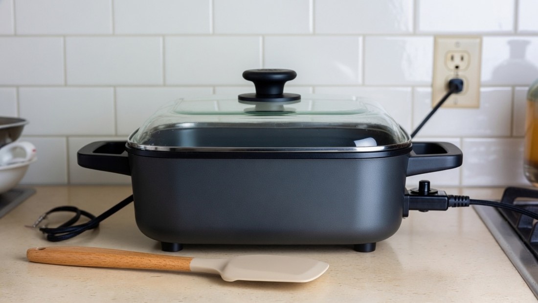 A square electric skillet with a glass lid standing on a kitchen counter, its cord running to a wall outlet behind it, a spatula lying in front