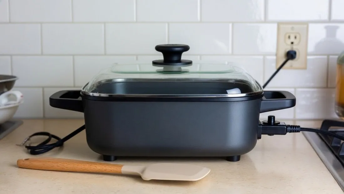A square electric skillet with a glass lid standing on a kitchen counter, its cord running to a wall outlet behind it, a spatula lying in front