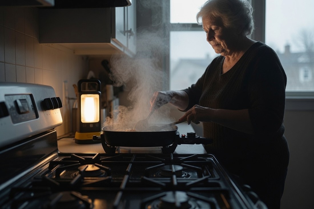 An older woman cooking in an electric skillet on a counter by the light of a battery lantern during a power outage, the gas range beside her dark and unused, steam rising from the pan