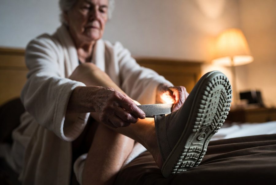 Older woman seated on the edge of her bed fastening the strap of a closed-back house slipper, its deeply treaded rubber sole facing the camera in warm lamp light