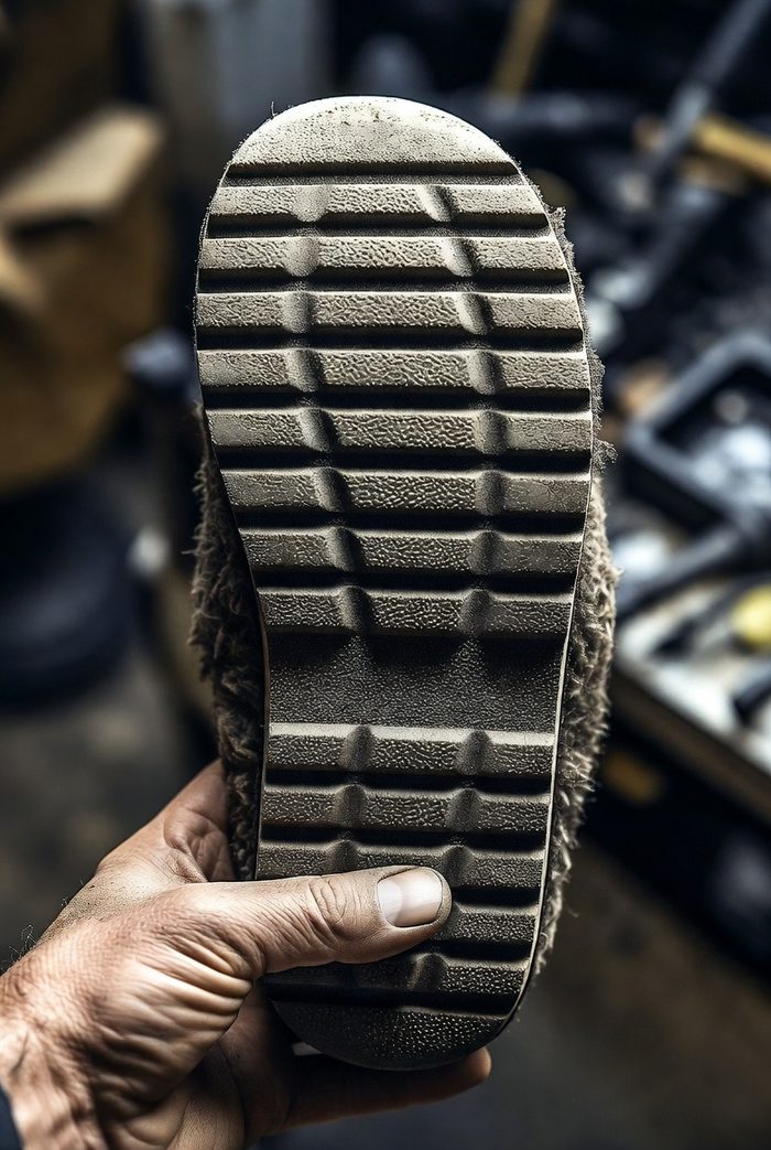 Close-up of a slipper flipped over in an older man's hand, showing a deeply treaded rubber outsole