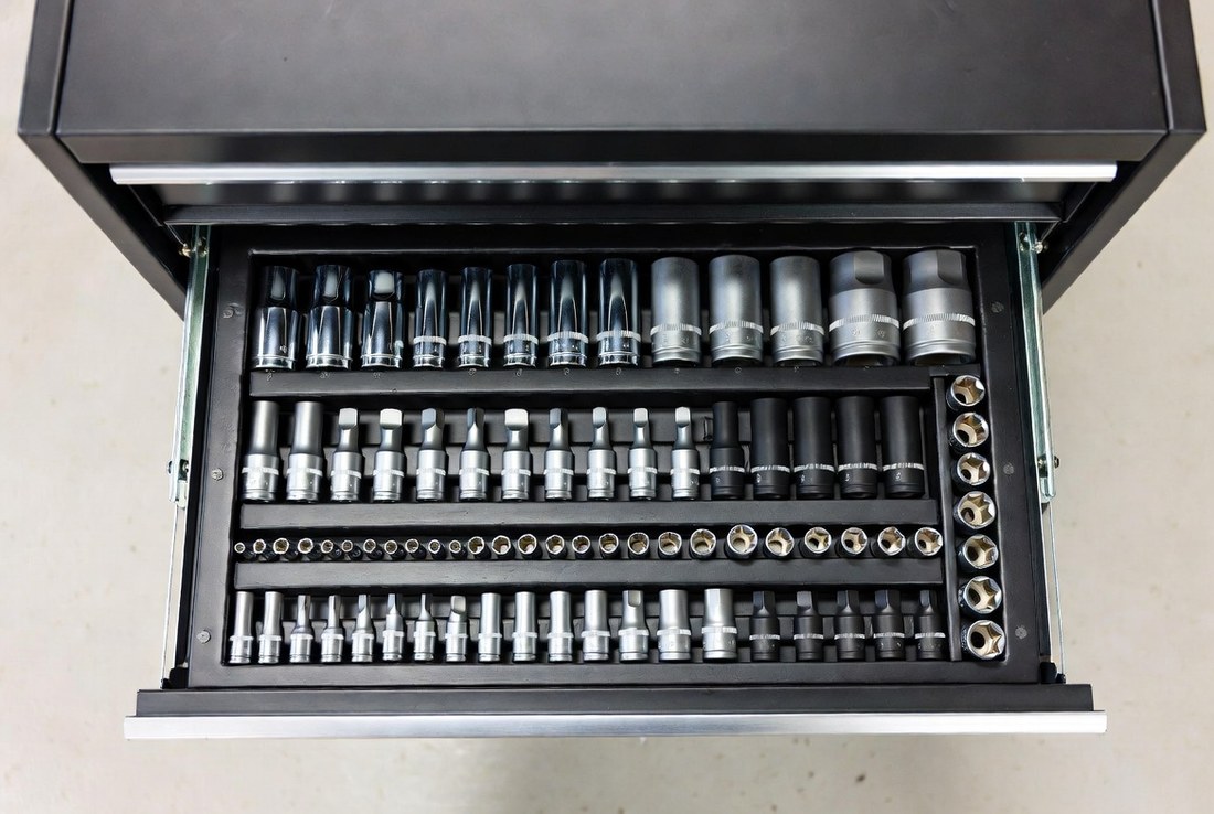 A tool cabinet drawer pulled open from above showing shallow and deep sockets standing in size order in their racks