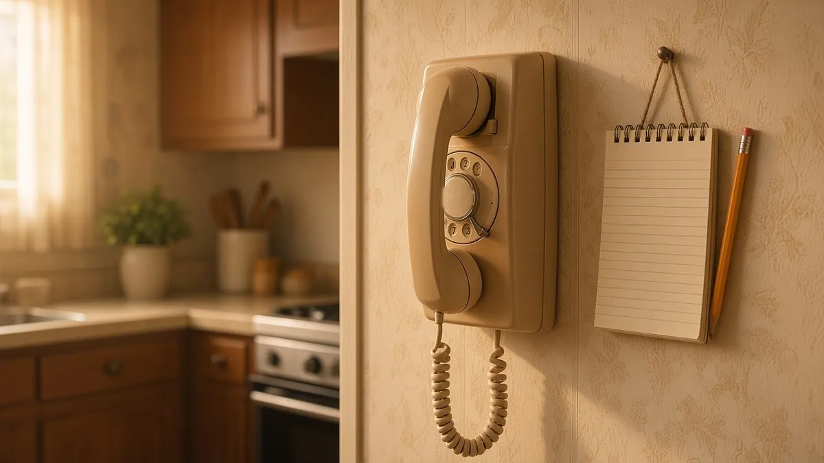A cream wall-mounted kitchen telephone with a coiled cord, a blank spiral notepad and a pencil hanging on the wall beside it