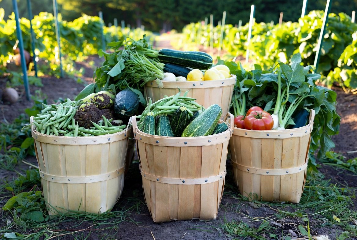 Four bushel baskets of just-picked beans, courgettes, squash and tomatoes standing on the ground between garden rows in low evening light