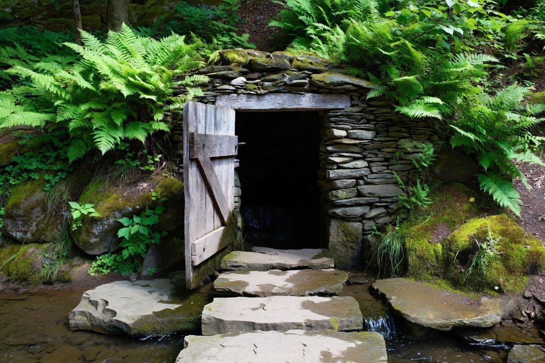 A stone spring house built into a mossy hillside with its plank door standing open, ferns all round it and water running out across flat stones below
