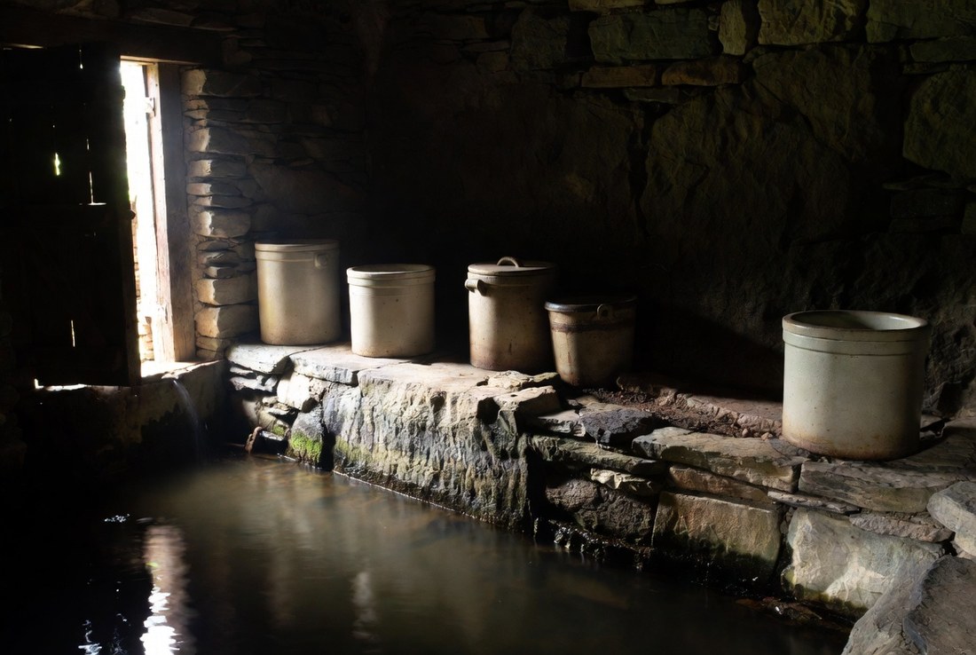 Stoneware crocks standing on a worn stone ledge just above the water channel inside a dim spring house, daylight coming through the open doorway