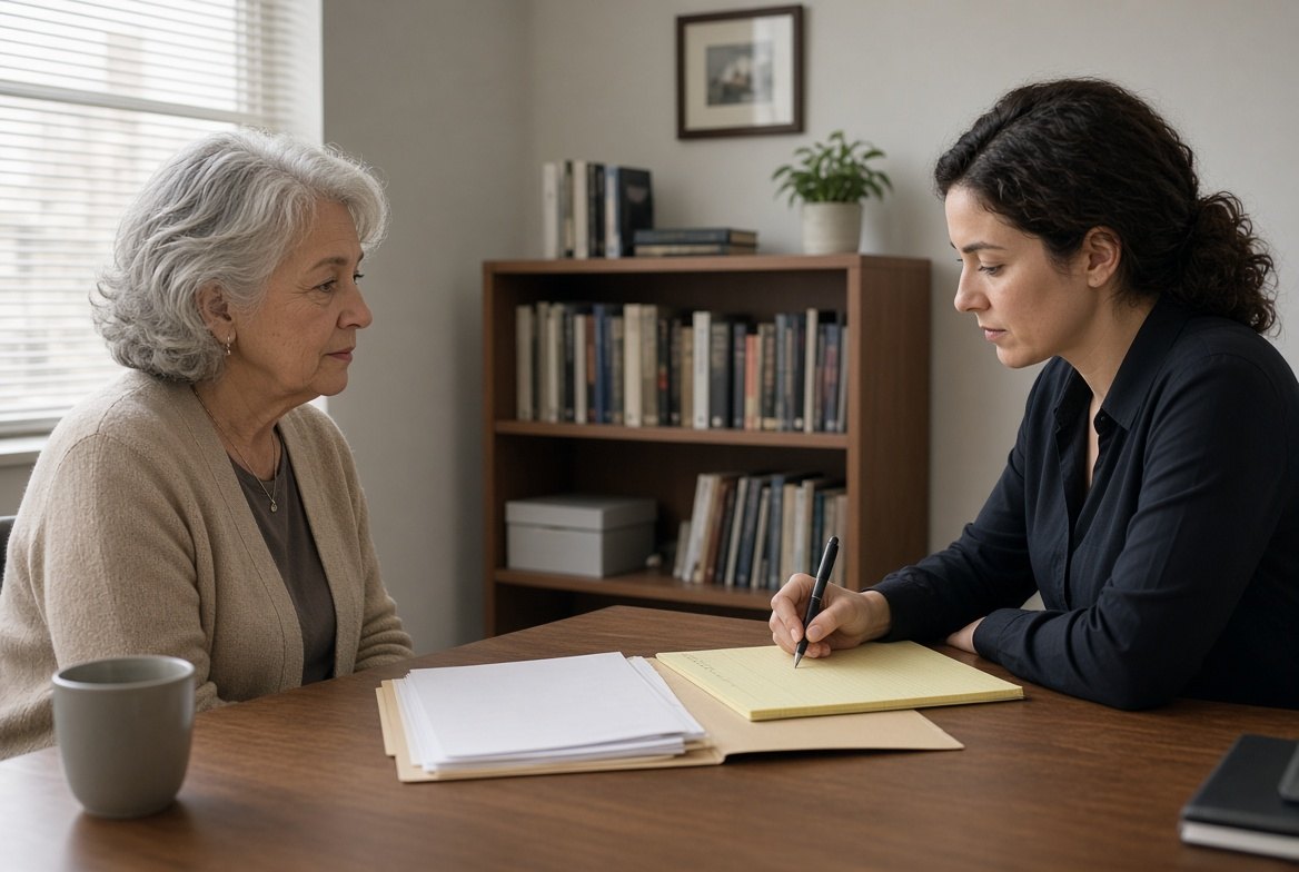 An older woman sitting across a desk from a younger woman in a small plain office, a folder open between them and the younger woman writing on a legal pad