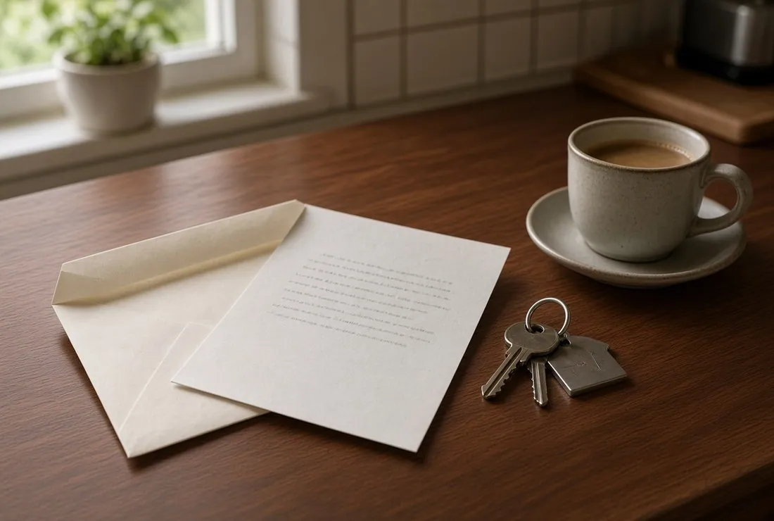An opened envelope and its letter lying on a kitchen table beside a set of house keys and a cup of coffee, morning light through the window