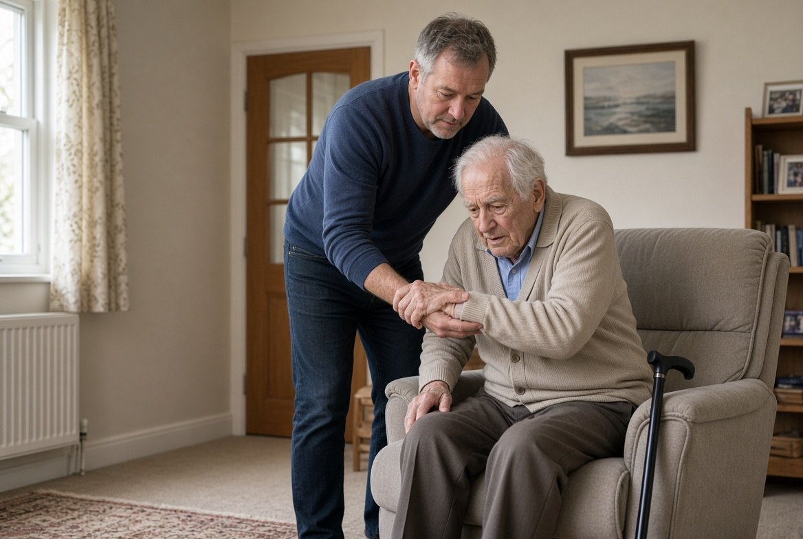 A man in his fifties helping his elderly father up out of an armchair in an ordinary front room, a walking stick propped against the chair