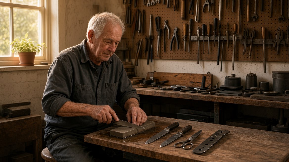 A man in his seventies seated at a workbench sharpening a kitchen knife on a wet stone, with more knives, a pair of scissors and a mower blade laid out in a row waiting their turn