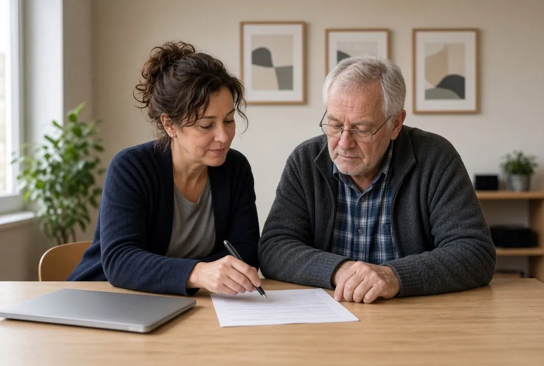A volunteer sitting beside an older man at a plain table, helping him work through a paper form with a laptop closed to one side