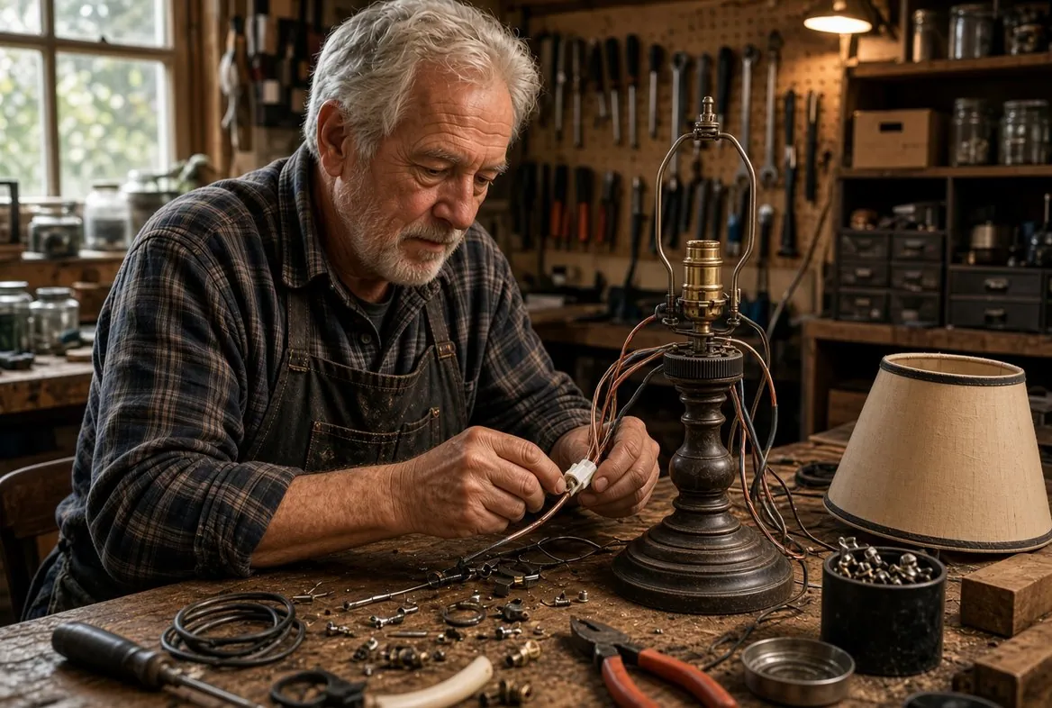 An older man at a workbench rewiring a table lamp, the shade set aside and the old cord coiled next to a new one, hand tools on the pegboard behind him