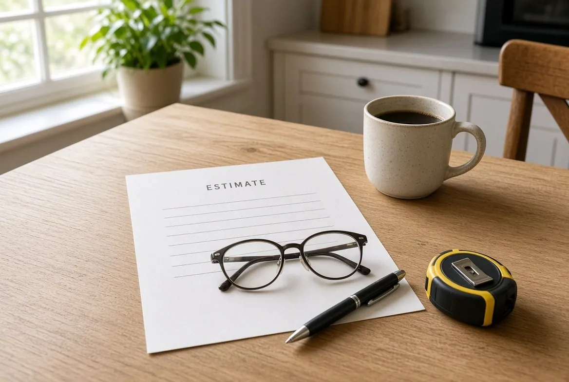 A one-page estimate with blank lines on a kitchen table beside a pair of reading glasses, a pen, a tape measure and a mug of coffee