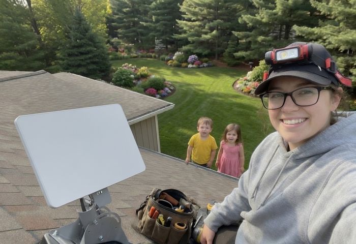 Woman installing Starlink dish on a rooftop with children watching from below