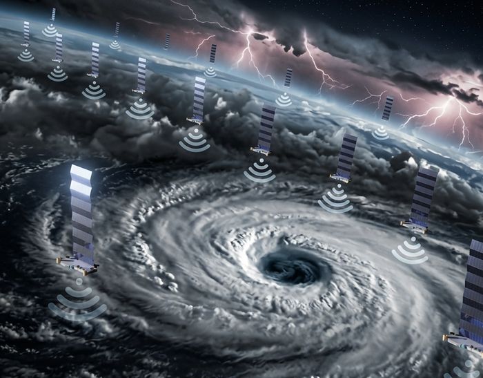 Starlink satellites orbiting above a hurricane, broadcasting signal down through the storm