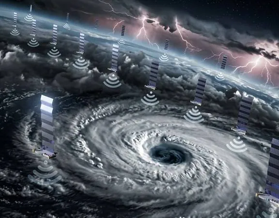 Starlink satellites orbiting above a hurricane, broadcasting signal down through the storm